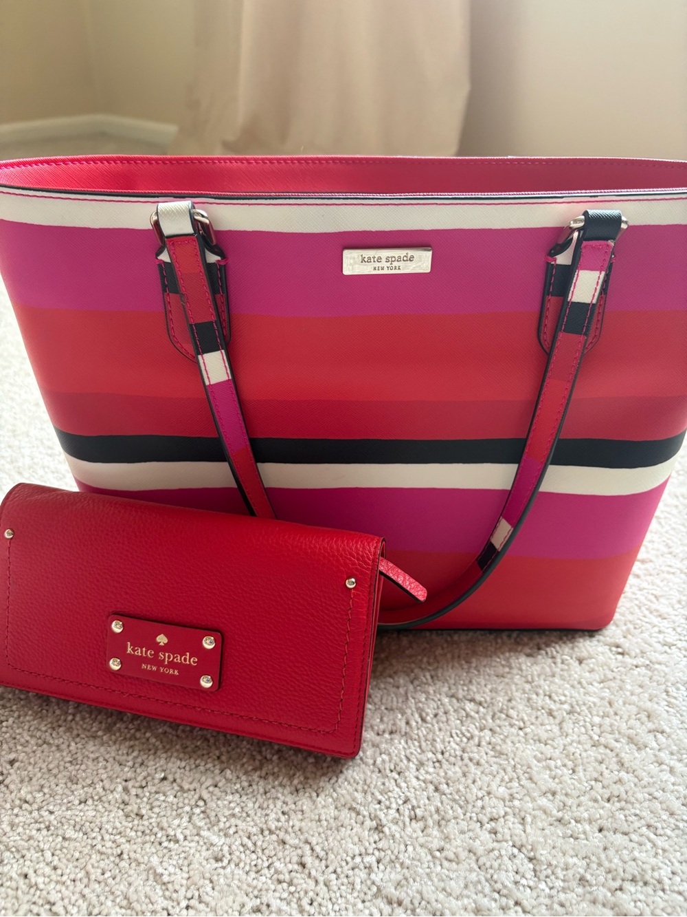 kate spade Pink, Red & White Striped Tote with Red Wallet